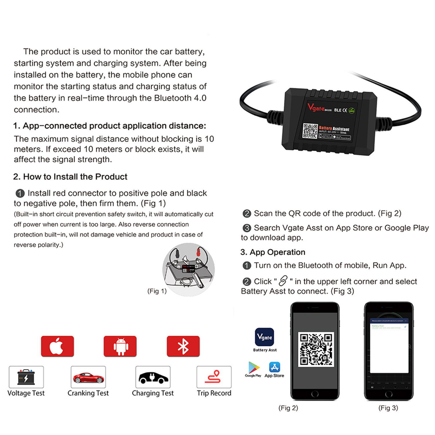 Vgate（BA100）Battery Assistant  Tester BLE4.0